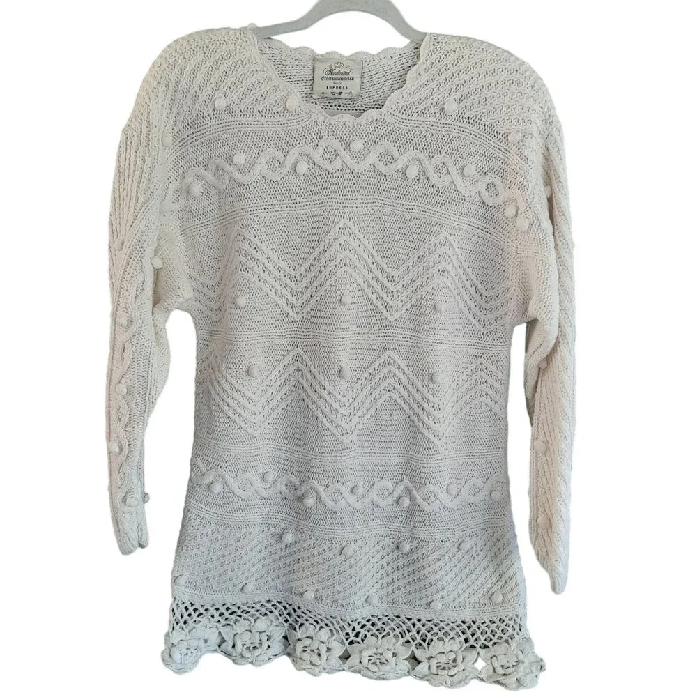 Vintage Express Hand Knit 1980s Floral Crochet Hem sweater - Picture 2 of 11
